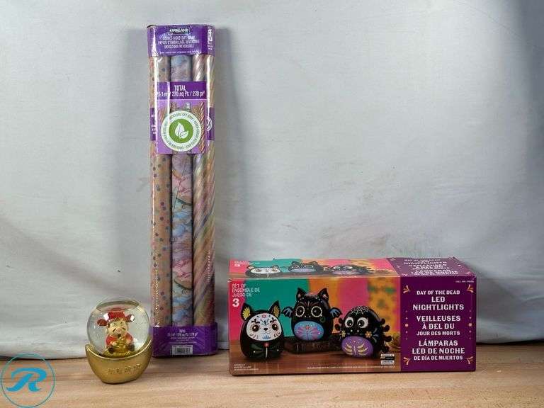 Wealth And Fortune Water Globe- Like New; Kirkland Signature: Double Sided Holiday Gift Wrap- New; Day of the Dead LED Nightlights, Set of 3- New