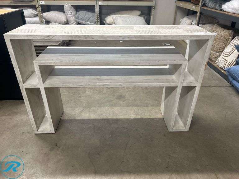 White-Washed Wood Console Table with Geometric Pattern, 48″ W x 12″ D x 30″ H - Roller Auctions