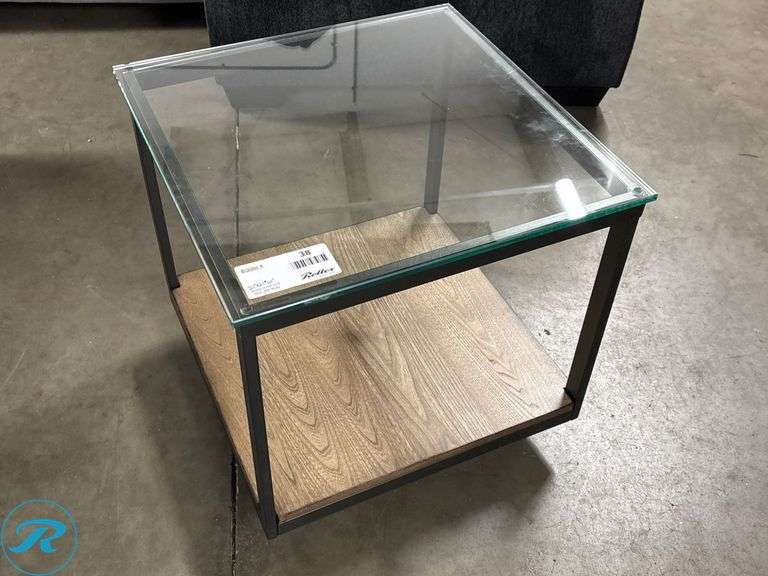 Glass-Top Metal Frame Side Table with Wood Shelf, 21″ x 21″ x 21″