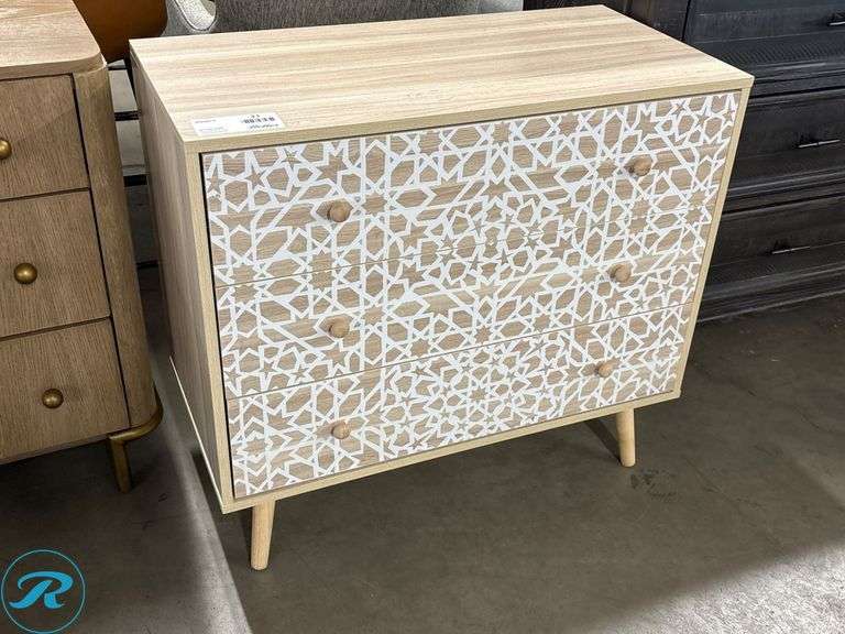 Wooden Three-Drawer Dresser With Geometric Inlay, 32″ x 16″ x 29″