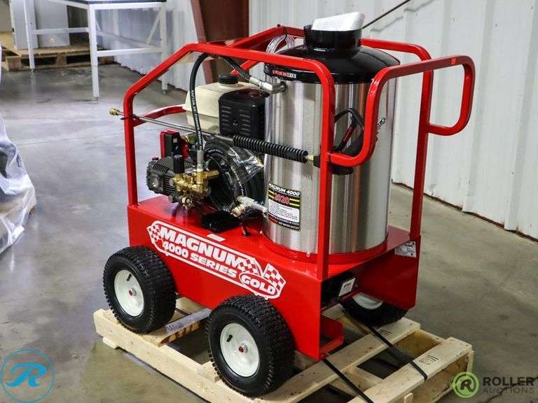 New Magnum 4000 Gold Hot Water Pressure Washer, Gas Engine, Diesel Burner with Hose and Wand, S/N: 254357 - Roller Auctions