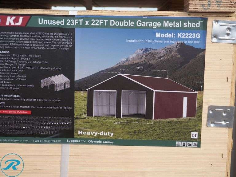 New KJ K2223G Double Garage Metal Shed, 23' x 22' x 13' High - Roller Auctions