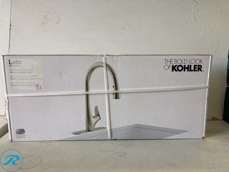 New Kohler Leto vibrant stainless single handle deck-mount pull-down kitchen faucet w/ sprayer (includes deck plate) - Roller Auctions