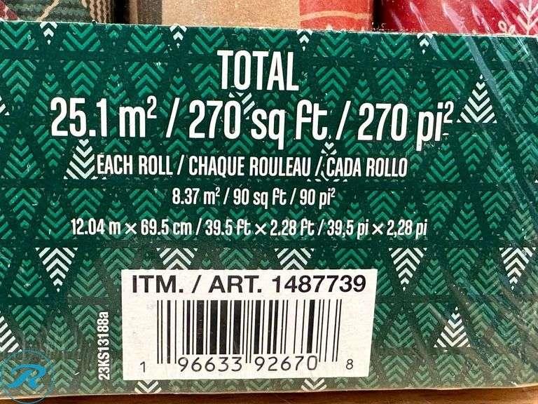 (4) Kirkland Signature: Double Sided Gift Wrap, 3-rolls, 270 sq. ft. Total- New; Kirkland Signature: Double- Sided Gift wrap, 270sq ft- New - Roller Auctions