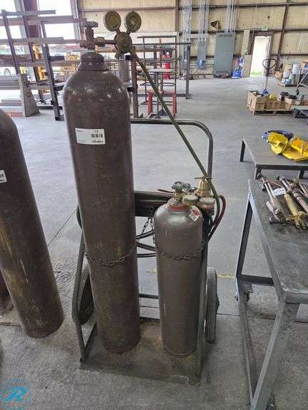 Oxygen and Acetylene Gas Cylinders on Wheeled Cart with Hoses and Regulators