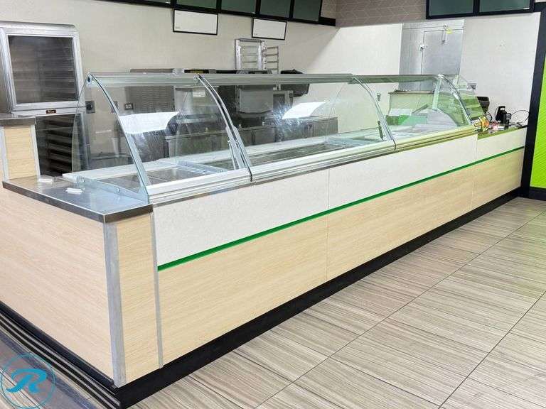 Duke Refrigerated Prep Line With Refrigerated Wells, Sneeze Guards, Hot Food Table, Cashier Table, and Cup Dispenser, 145in x 35in (New Version of Drop Glass and Front Panels)