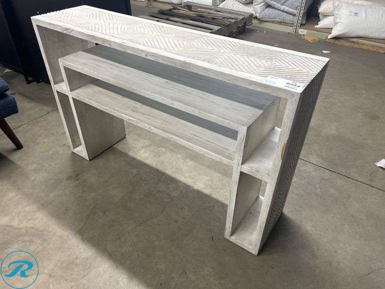 White-Washed Wood Console Table with Geometric Pattern, 48″ W x 12″ D x 30″ H