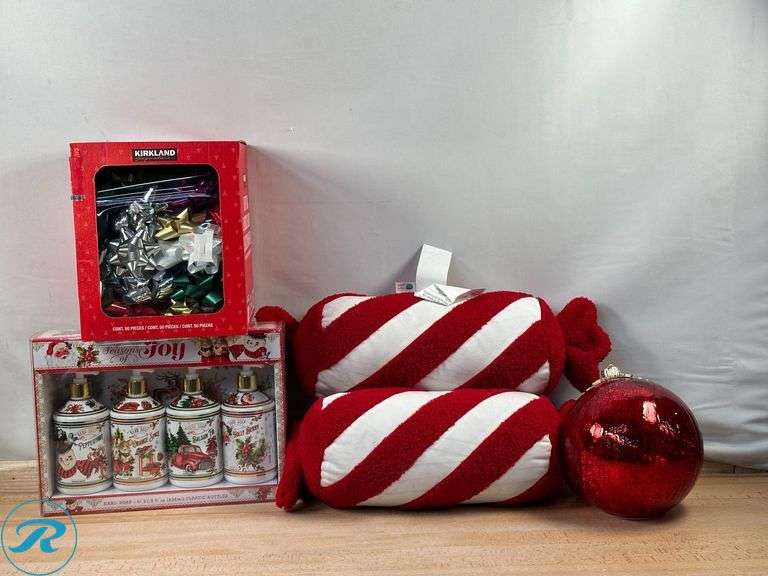 Glass Ornaments Decor- Like New; (2) Holiday Decor, Peppermint- New; Seasons of Joy: Holiday Handsoap- Like New; Kirkland Signature: Assorted Deluxe Holiday Gift Bows 50-Piece- New; Kirkland Signature: Wire Edged Ribbon- New - Roller Auctions