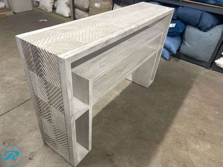 White-Washed Wood Console Table with Geometric Pattern, 48″ W x 12″ D x 30″ H - Roller Auctions