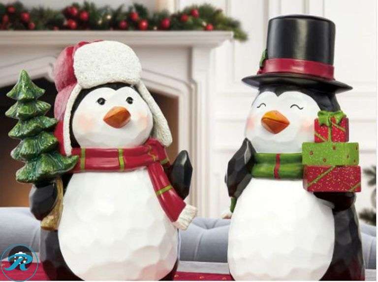 Bear with Lantern & Money Bag, 48 cm (18.9 in.)- New; Holiday Penguins, Set of 2- New - Roller Auctions