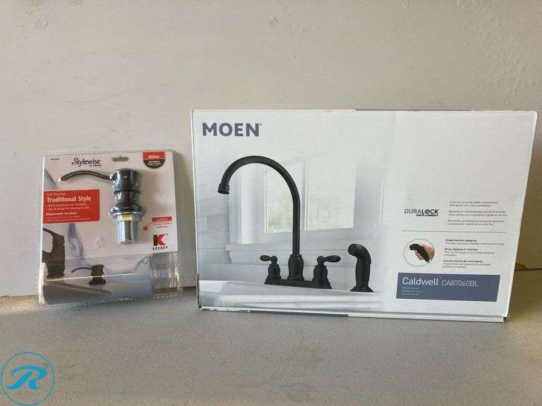 [2 Items Total] New (1) Moen Caldwell Matte Black Double Handle Deck-Mount Kitchen faucet w/ sprayer (includes deck plate side sprayer) (1) Keeney Oil Rubbed Bronze 10 oz Capacity Deck Mount Soap and Lotion Dispenser - Roller Auctions