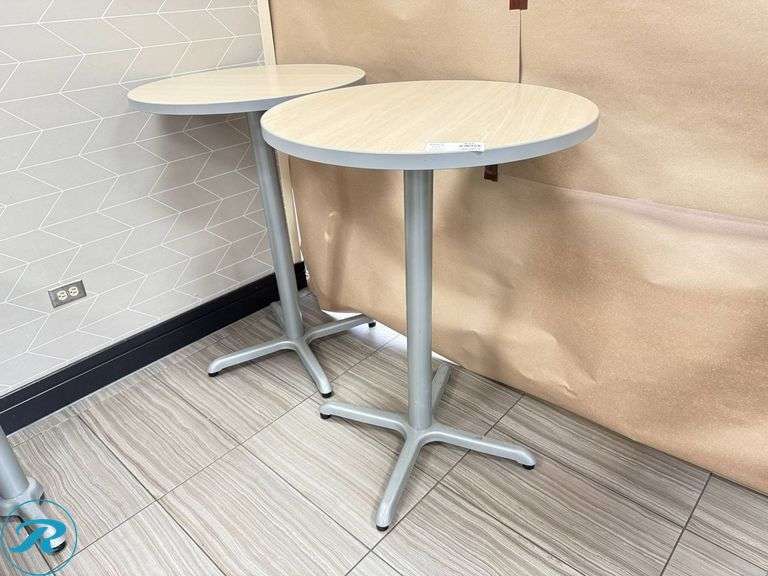 (2) Plymold Round Tables with Metal Pedestal Base, 30in