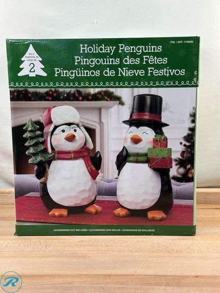 Bear with Lantern & Money Bag, 48 cm (18.9 in.)- New; Holiday Penguins, Set of 2- New - Roller Auctions