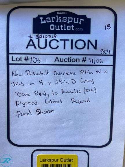 (1) Overlake 21-in W x 34.5-in H x 24-in D Gray Base Ready to assemble (RTA) Plywood Cabinet Recessed Panel Shaker - Roller Auctions