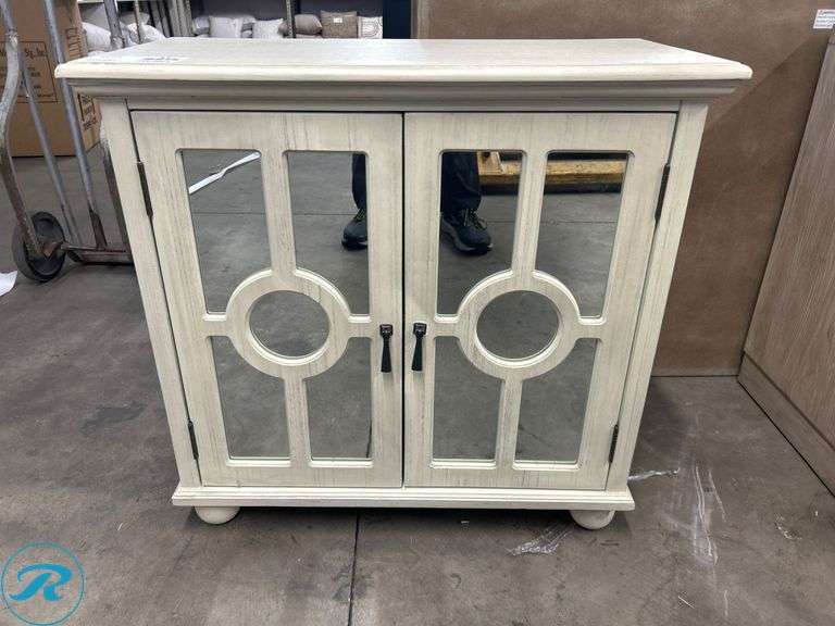 Two-Door Beige Cabinet with Mirrored Panels, 28″ x 14″ x 28″ - Roller Auctions