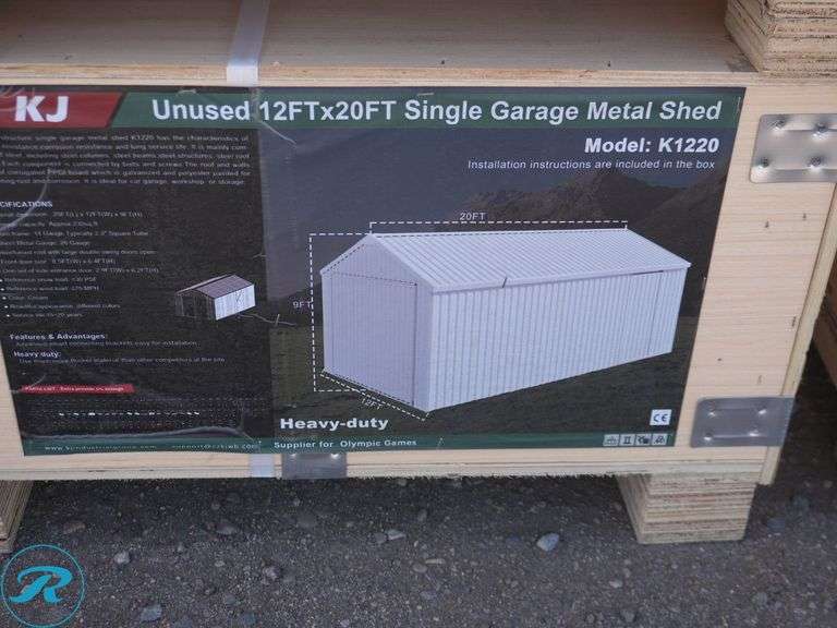 New KJ K1220 Single Garage Metal Shed, 12' x 20' x 9' High - Roller Auctions