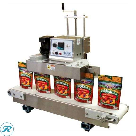 APM Model TCBSDM-3/8 Tabletop Conveyorized Band Sealing System with Synchronized Lower Support Conveyor and Crank Handle Head
