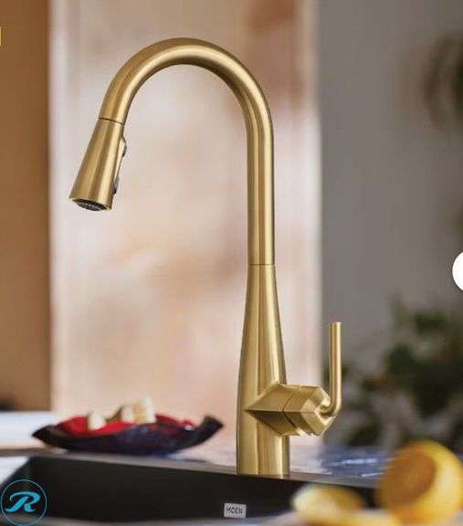New Moen Maureen Brushed Gold Single Handle Deck Mount Pull Down Kitchen Faucet w/ sprayer - Roller Auctions