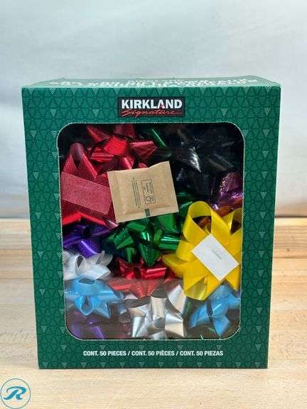 (4) Kirkland Signature Holiday Bows, 50-count, Assorted Colors- New; (2) Hand Decorated Glass Ornaments, 18pc- New/ Missing Unit - Roller Auctions