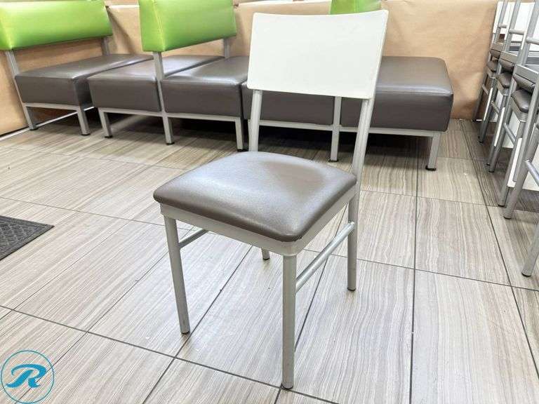 (16) Plymold Metal-Framed Chairs with Gray Vinyl Seats and White Backrest