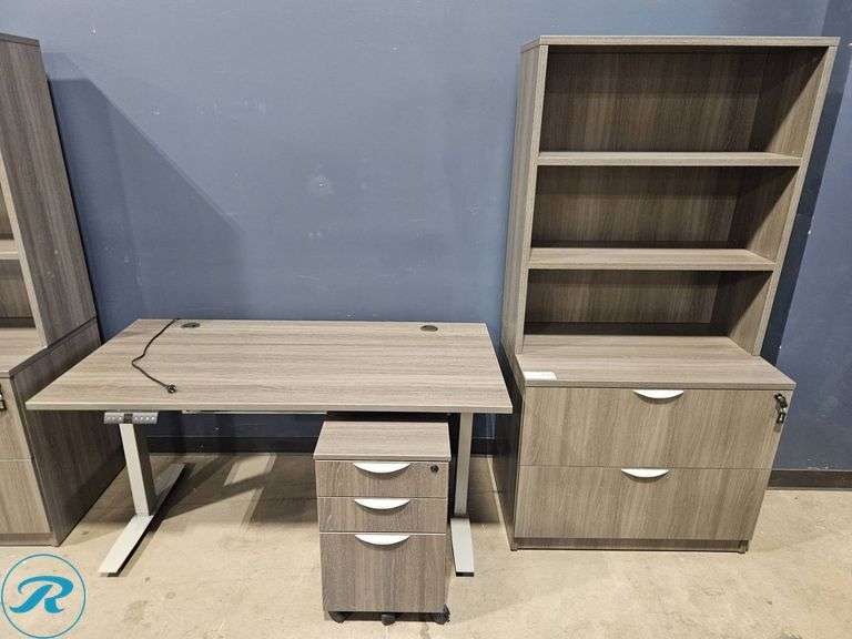 Uline Adjustable Height Desk with Filing Cabinet and Bookshelf, 59" x  29-1/2"