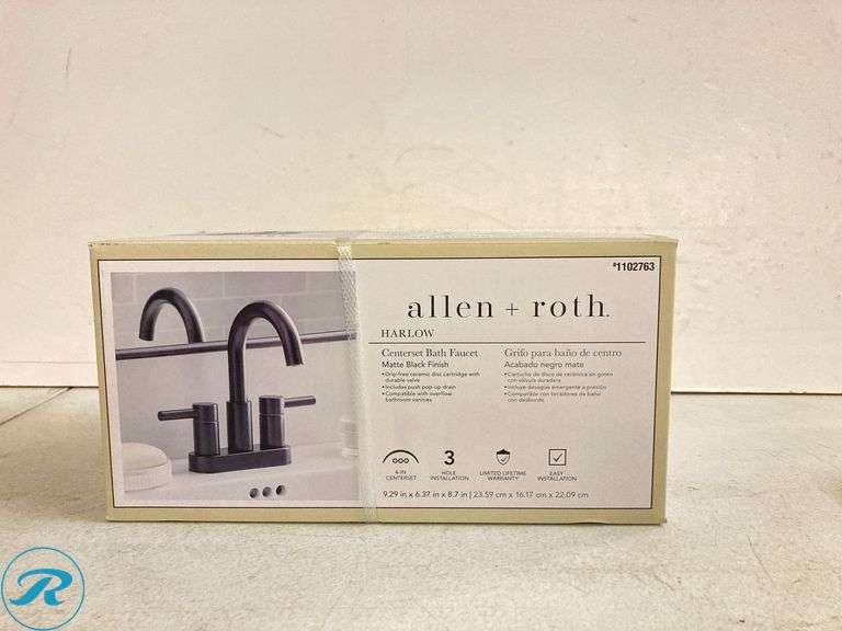 (1) allen + roth Harlow Matte Black 4-in centerset 2-handle WaterSense High-arc Residential Handle Bathroom Sink Faucet with Drain with Deck Plate - Roller Auctions