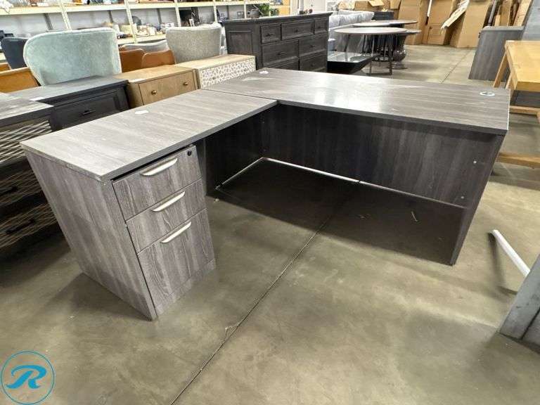 L-Shaped Office Desk With Three-Drawer Pedestal, 66″ x 30″ and 43″ Return