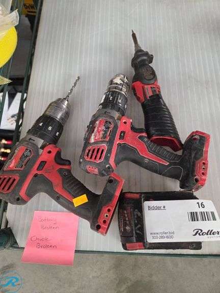 (3) Milwaukee M18 Cordless Tools with Battery (Battery and Drill Chuck Damaged) - Roller Auctions