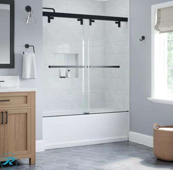 (1) Delta Kesara Matte Black 53-in to 60-in W x 60.75-in H Frameless Clear Glass Sliding Soft Close Bathtub door