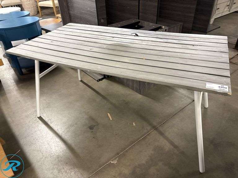 Outdoor Table with Slatted Top and White Metal Legs, 63″ x 33″ x 36″