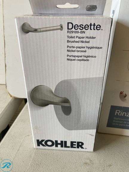 [3 Items Total] New (1) Moen Rinza Spot Resist Brushed Nickel Single Hole 1-handle water sense high-arc residential handle bath sink faucet with drain (1) Kohler Desette 24" vibrant brushed nickel wall mount single towel bar (1) Kohler Desette vibrant brushed nickel wall mount single post toilet paper holder 1 rolls - Roller Auctions