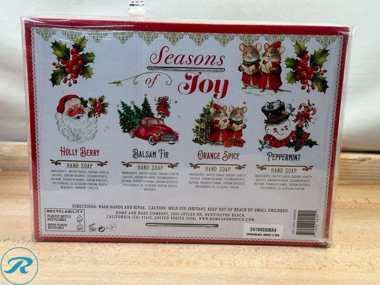 Glass Ornaments Decor- Like New; (2) Holiday Decor, Peppermint- New; Seasons of Joy: Holiday Handsoap- Like New; Kirkland Signature: Assorted Deluxe Holiday Gift Bows 50-Piece- New; Kirkland Signature: Wire Edged Ribbon- New - Roller Auctions