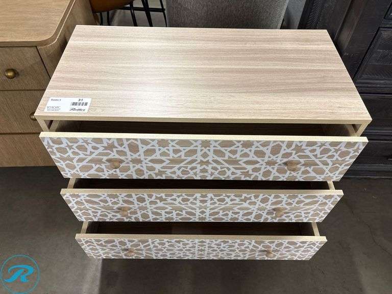 Wooden Three-Drawer Dresser With Geometric Inlay, 32″ x 16″ x 29″ - Roller Auctions