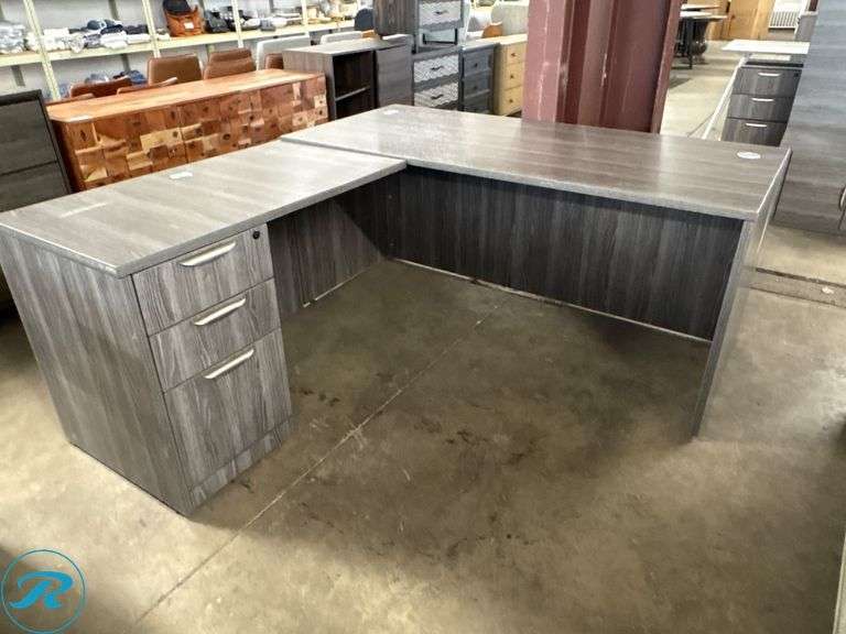 (3) Office Desks in Gray Wood Laminate: Including Single Pedestal Desk 60” x 30”, with 42” Return, 66” x 30”, and 48” x 24” Desks - Roller Auctions