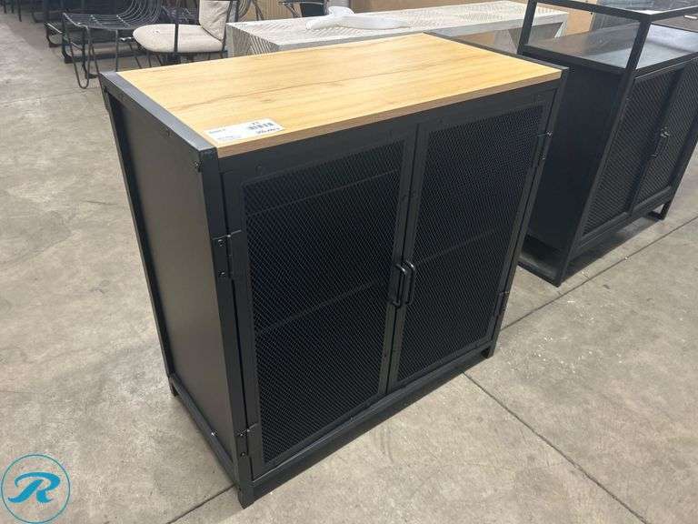 Metal Storage Cabinet With Wood Top and Mesh Doors