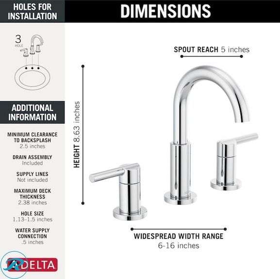 (1) New- Delta Nicoli Chrome Widespread 2-handle WaterSense Mid-arc Residential Handle Bathroom Sink Faucet with Drain - Roller Auctions