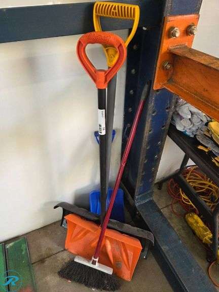 Assorted Cleaning Tools Including Snow Shovel, Broom, and Standard Shovel - Roller Auctions