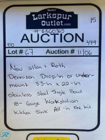 (1) New allen + roth Dennison Drop-in or undermount 33-in x 22-in Stainless steel Single bowl 18 -Gauge Workstation Kitchen Sink All-in-One Kit - Roller Auctions
