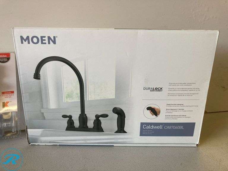 [2 Items Total] New (1) Moen Caldwell Matte Black Double Handle Deck-Mount Kitchen faucet w/ sprayer (includes deck plate side sprayer) (1) Keeney Oil Rubbed Bronze 10 oz Capacity Deck Mount Soap and Lotion Dispenser - Roller Auctions
