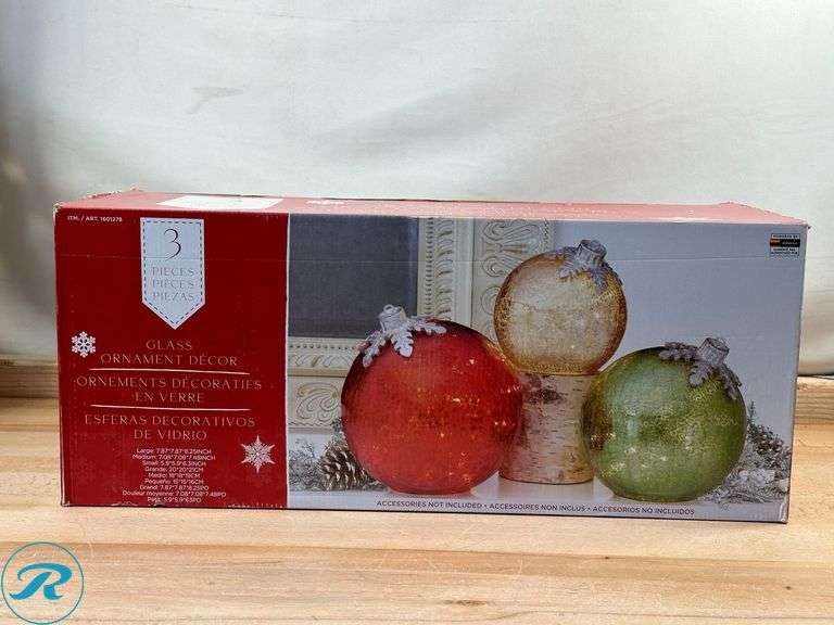 Glass Ornaments Decor, 3-piece- New; (2) CGH: Ornaments, 6 piece, Shatter Resistant- New - Roller Auctions
