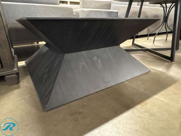 Glass-Top Square Coffee Table With Black Geometric Wood Base, 38″ x 38″ x 18″ - Roller Auctions