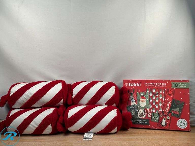 (4) Holiday Decor Pillows; Peppermint Candy- (3) New, (1) Like New; tokki: Reusable Gift Bags, 10ct- New