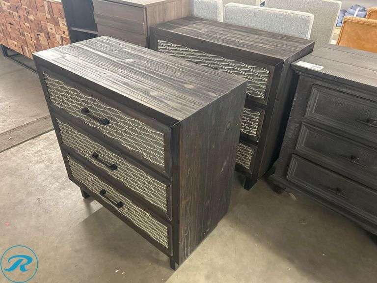 (2) Wooden Three-Drawer Chests With Decorative Front Panels, 30″ x 14″ x 31″