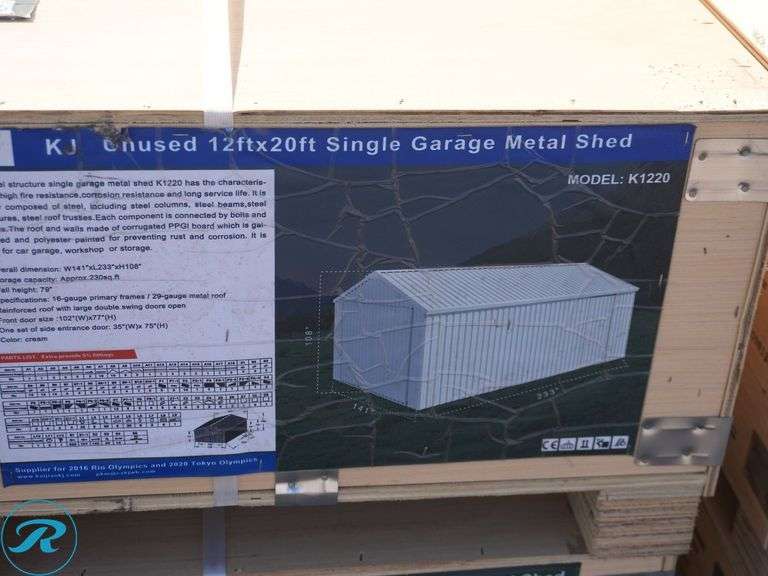 New KJ K1220 Single Garage Metal Shed, 12' x 20' x 9' High - Roller Auctions