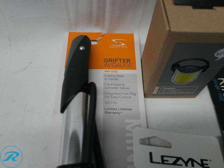Bike Accessories Including Crank Brothers Klic HP and HV Pumps, Lezyne Pump, Knog Cobber Light, and Serfas Grifter Tool - Roller Auctions