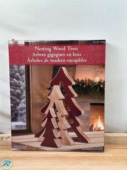 (2) Nesting Wood Trees 45cm- (1) New, Red & (1) New, Green; Evergreen: LED Glass Raindrops- New - Roller Auctions