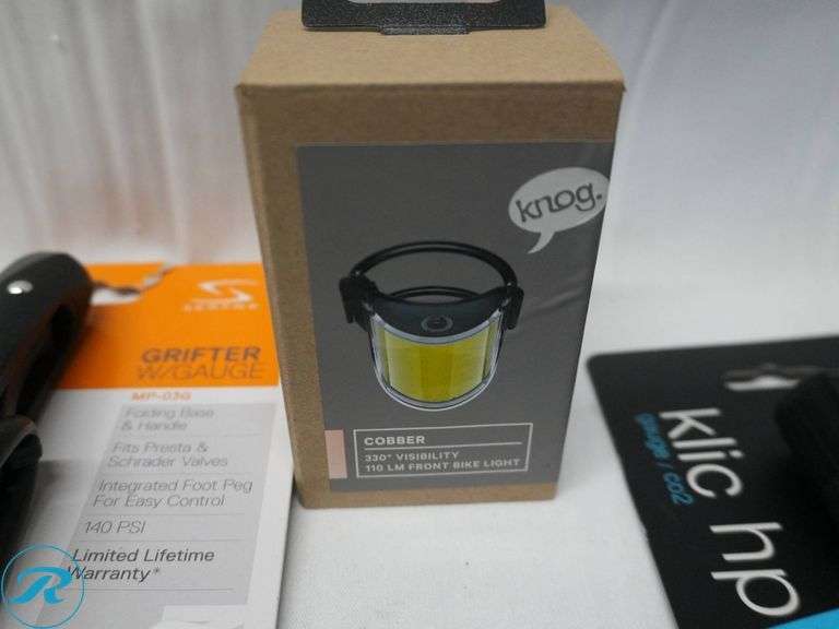 Bike Accessories Including Crank Brothers Klic HP and HV Pumps, Lezyne Pump, Knog Cobber Light, and Serfas Grifter Tool - Roller Auctions