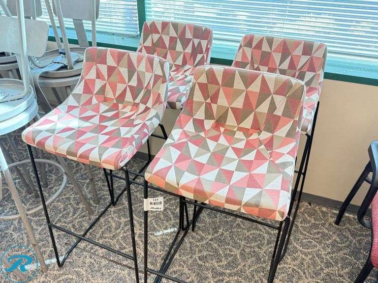 (4) Upholstered Bar Stools with Geometric Pattern and Metal Frames ...