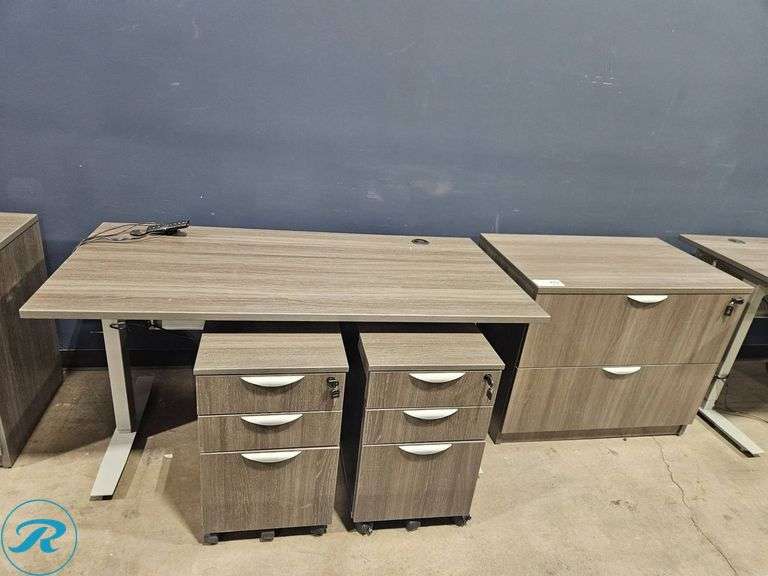 Uline Adjustable Height Desk with (3) Filing Cabinets, 59" x  29-1/2"