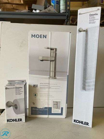 [3 Items Total] New (1) Moen Rinza Spot Resist Brushed Nickel Single Hole 1-handle water sense high-arc residential handle bath sink faucet with drain (1) Kohler Desette 24" vibrant brushed nickel wall mount single towel bar (1) Kohler Desette vibrant brushed nickel wall mount single post toilet paper holder 1 rolls